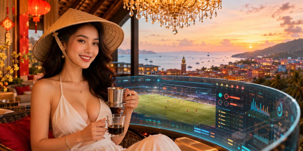 Người dùng tại Phú Quốc mặc áo dài đọc thông tin khuyến mãi trên điện thoại bên bờ biển